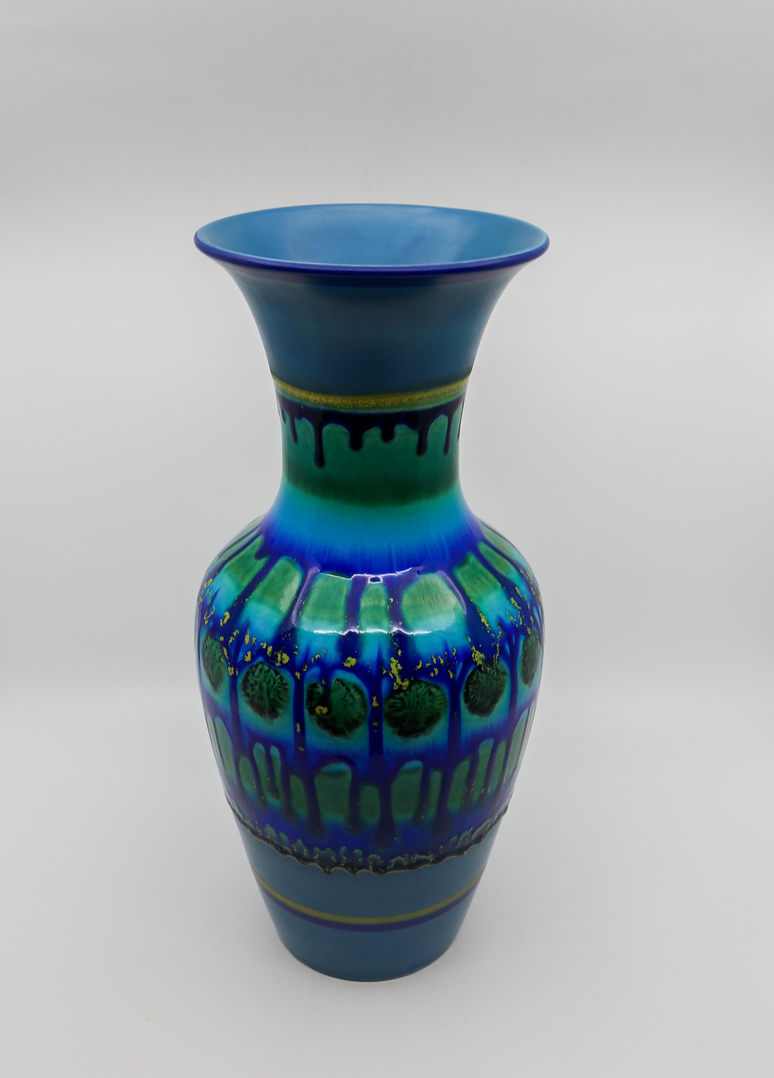 Ceramic Two Vintage Dutch Blue Fat Lava Style Flora Gouda Vases, Holland  For Sale