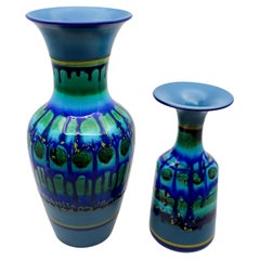Two Vintage Dutch Blue Fat Lava Style Flora Gouda Vases, Holland 