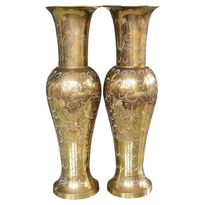 Two Vintage Etched Brass Agra Style Indian Vases, India