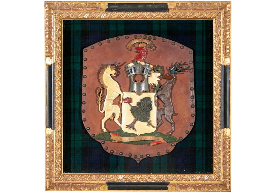 Leather Two Vintage Framed Shield Form Heraldic Crests For Sale