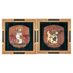 Two Vintage Framed Shield Form Heraldic Crests