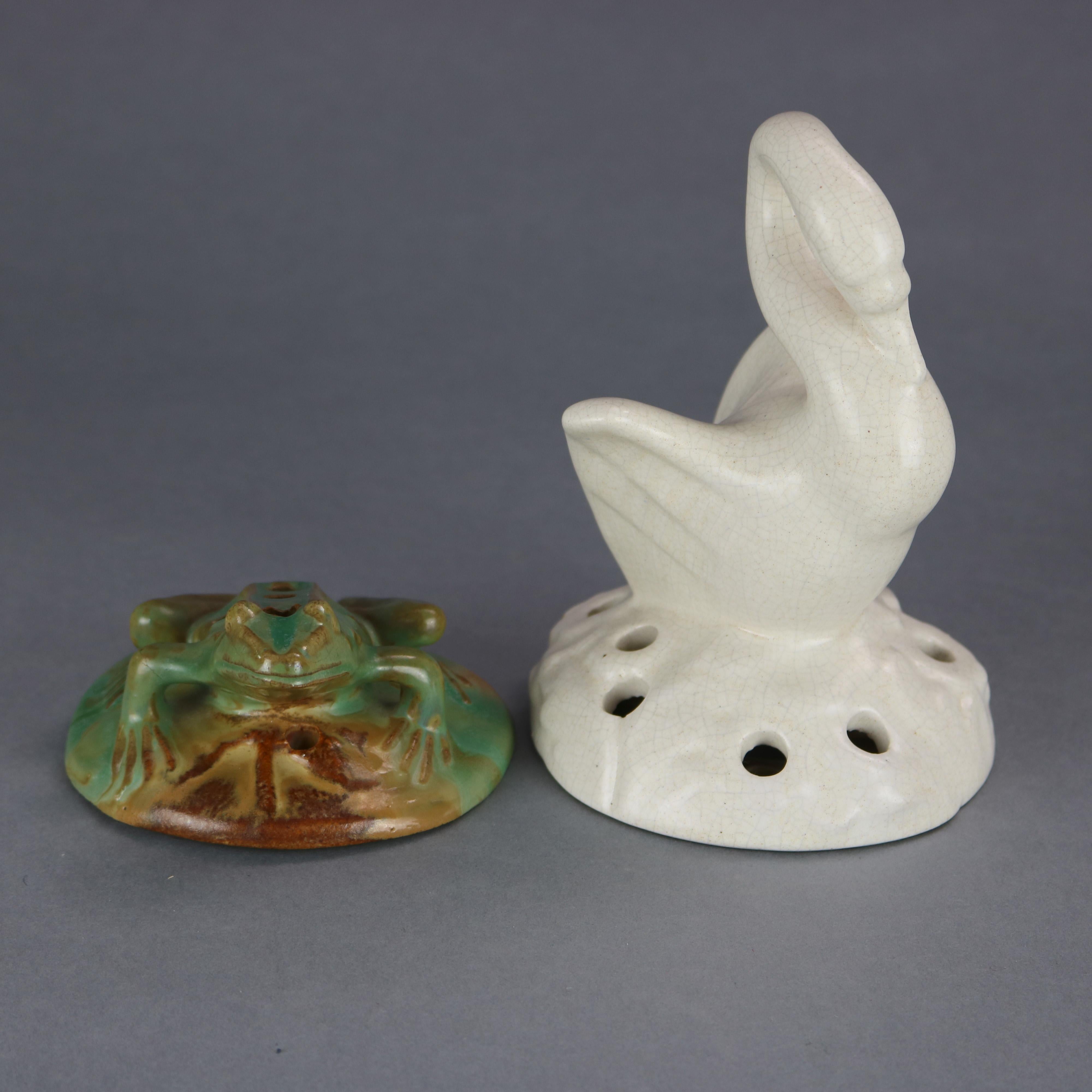 Two vintage figural flower frogs by Fulper offer art pottery construction, one swan and one frog, marked on base as photographed, circa 1940.

Measures: Swan: 6.5