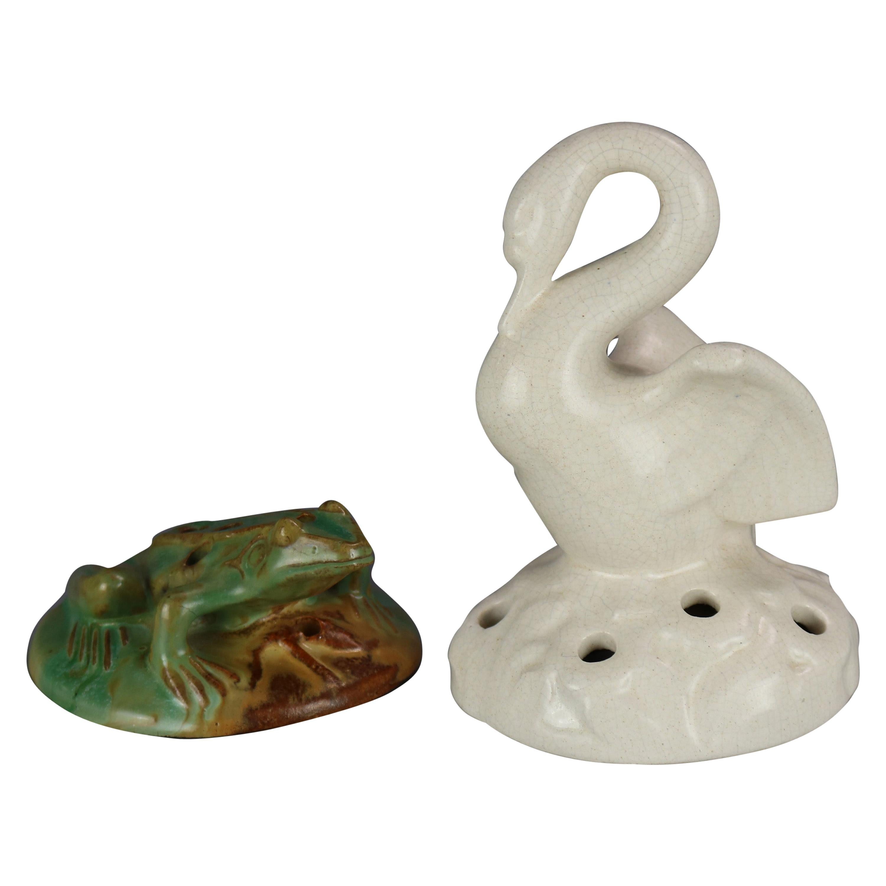 Two Vintage Fulper Art Pottery Figural Flower Frogs, circa 1940