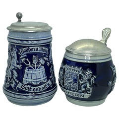 Two Vintage Germany Lidded Beer Steins Westerwald Salt Glazed, 1970s