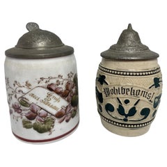 Two Vintage Germany Miniature Lidded Beer Steins Ceramic, 1910s