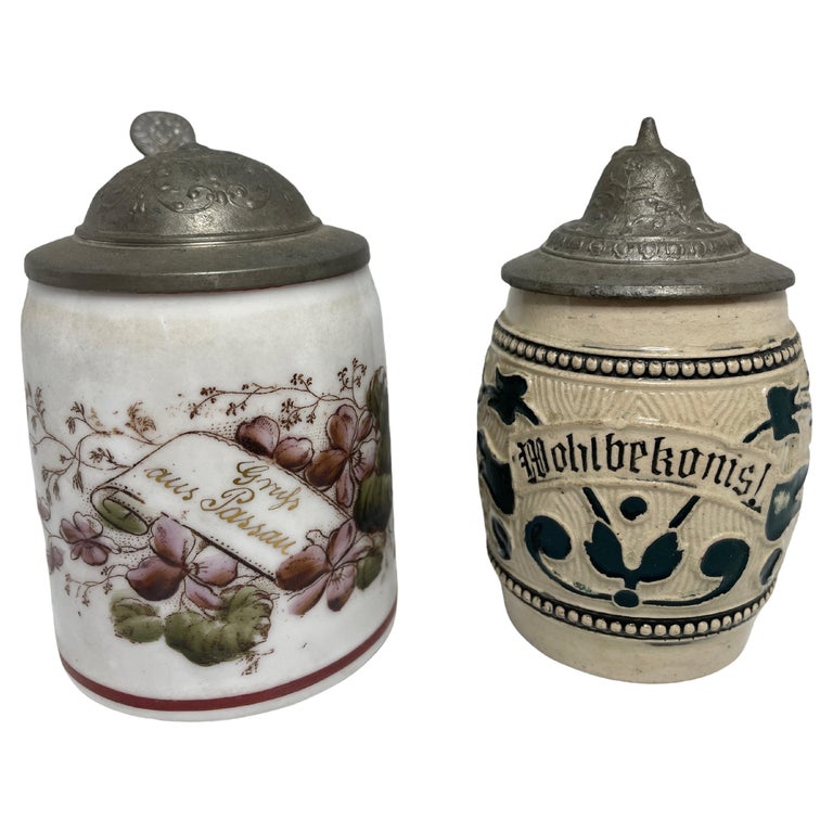 Two Vintage Germany Miniature Lidded Beer Steins Ceramic, 1910s For
