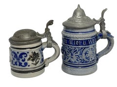 Two Vintage Germany Miniature Lidded Beer Steins Westerwald Salt Glazed, 1910s