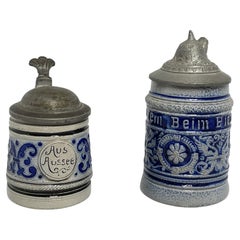 Two Vintage Germany Miniature Lidded Beer Steins Westerwald Salt Glazed, 1910s