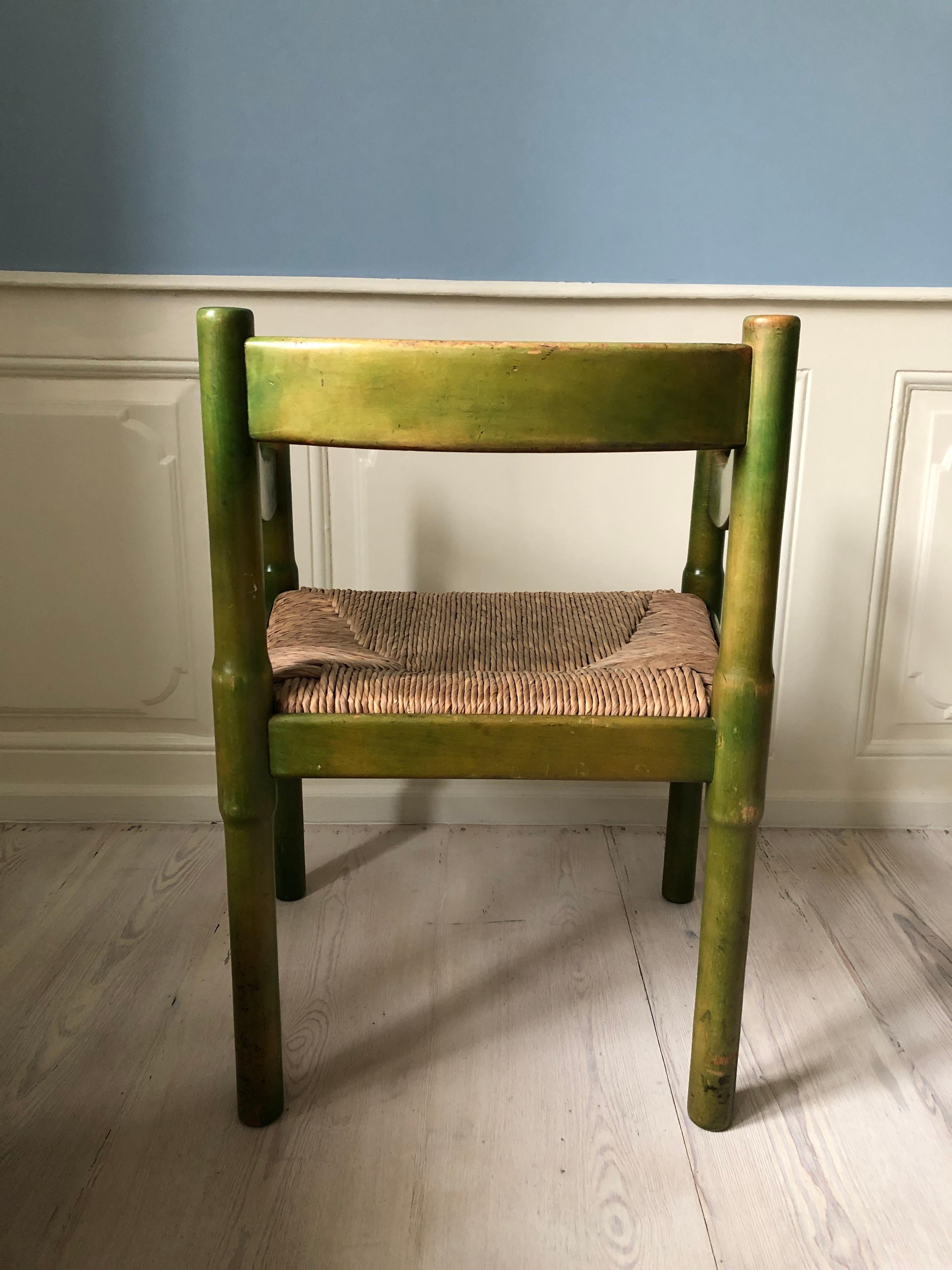 Two Vintage Green Painted Vico Magistretti Wood Carimate Armchairs, Italy, 1959 1