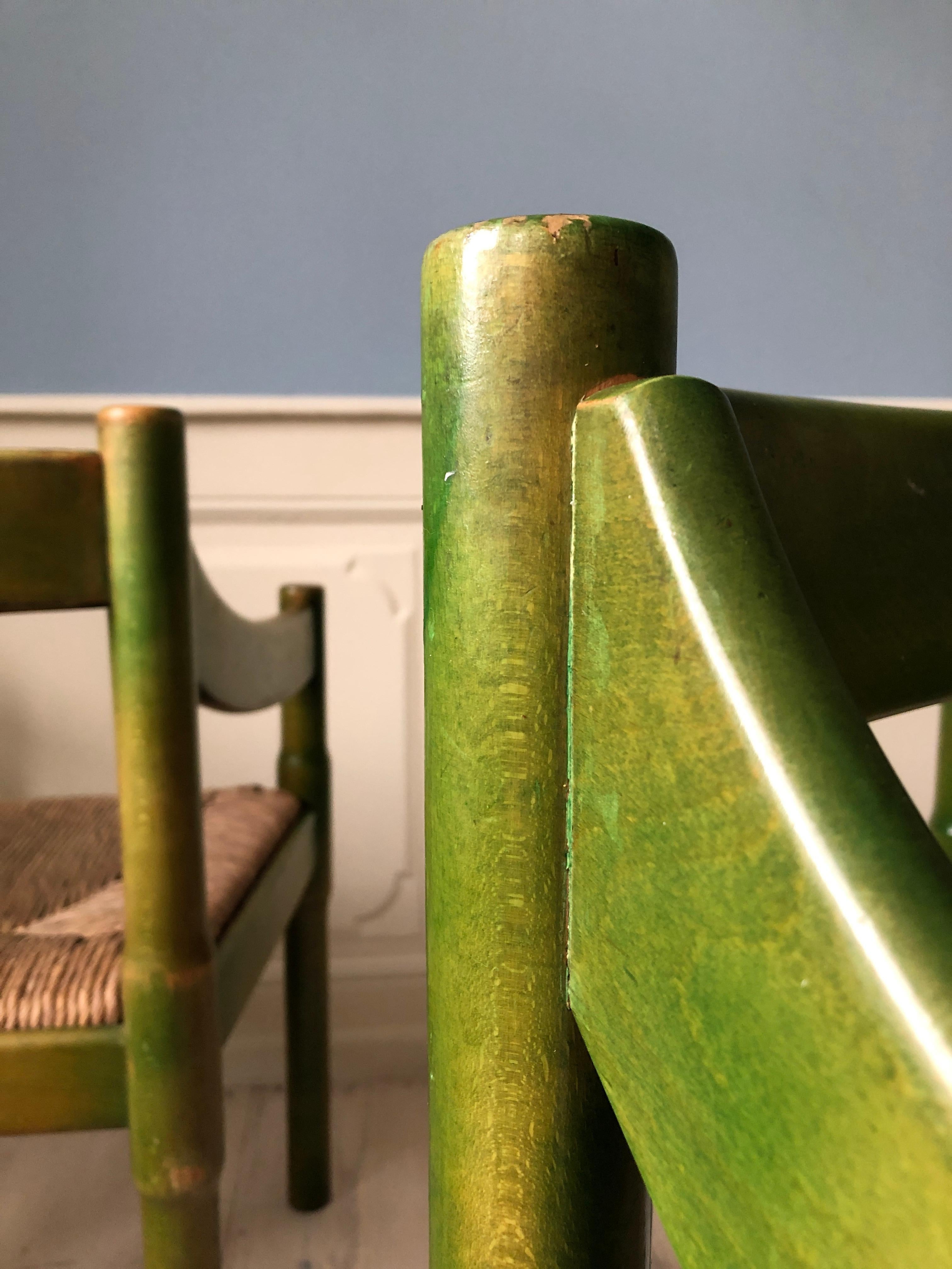 Two Vintage Green Painted Vico Magistretti Wood Carimate Armchairs, Italy, 1959 2