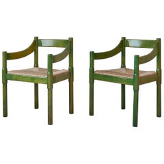 Two Vintage Green Painted Vico Magistretti Wood Carimate Armchairs, Italy, 1959