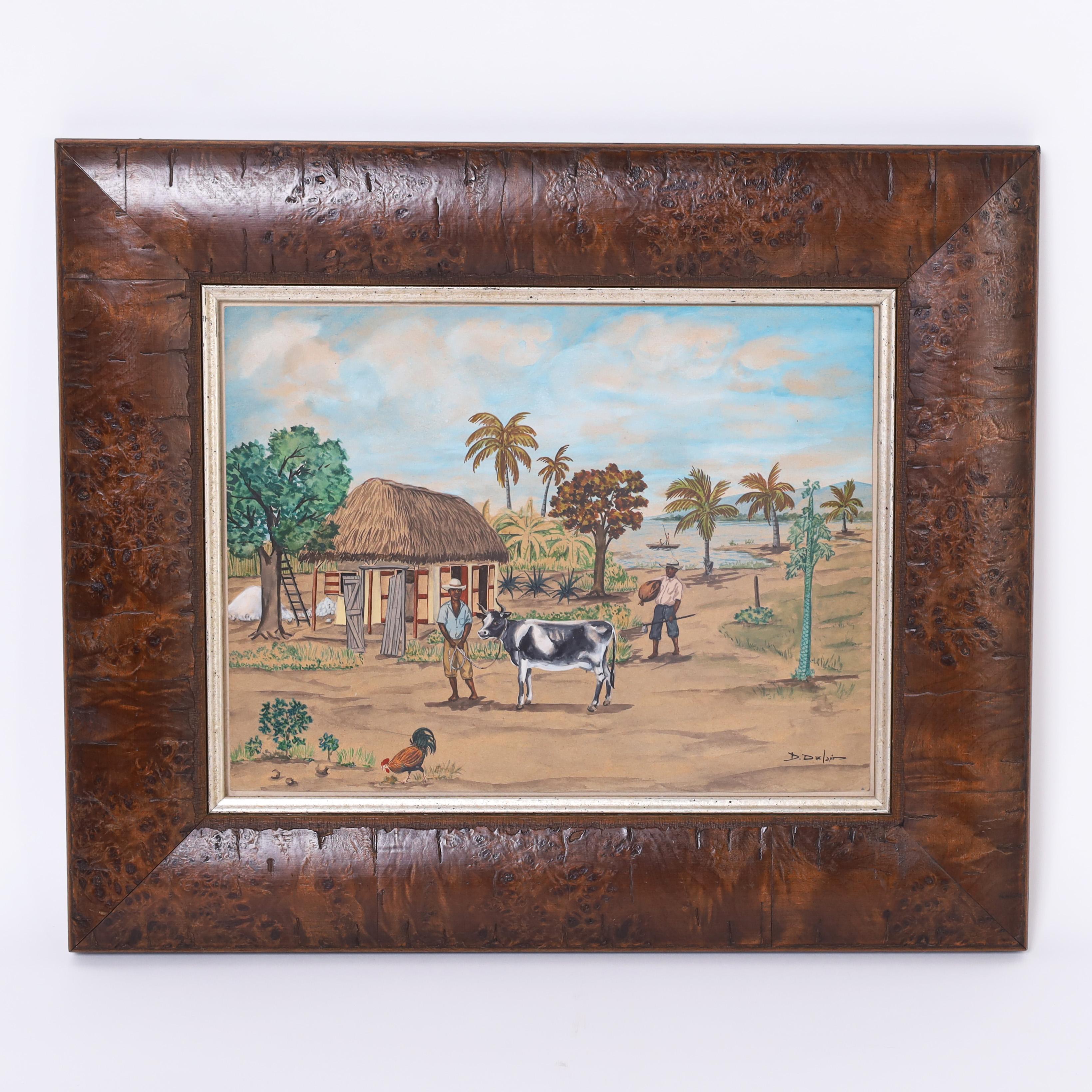 Coppia di acquerelli haitiani che raffigurano scene di vita quotidiana all'aperto in una profonda e morbida tranquillità. Firmate D. A. Duclair e presentate sotto vetro in cornici di legno burlato. 