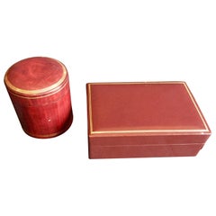 Two Vintage Italian Leather Bordeaux and Gold Desk Boxes