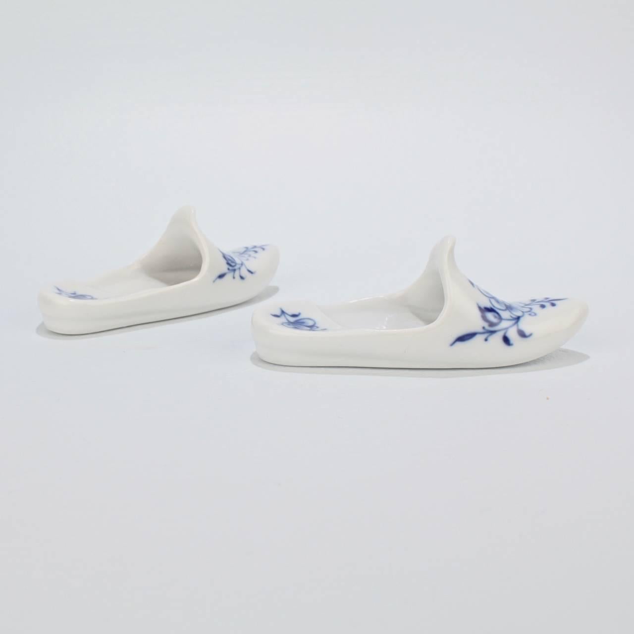 German Two Vintage Meissen Porcelain Blue Onion Shoe or Slipper Form Paperweights