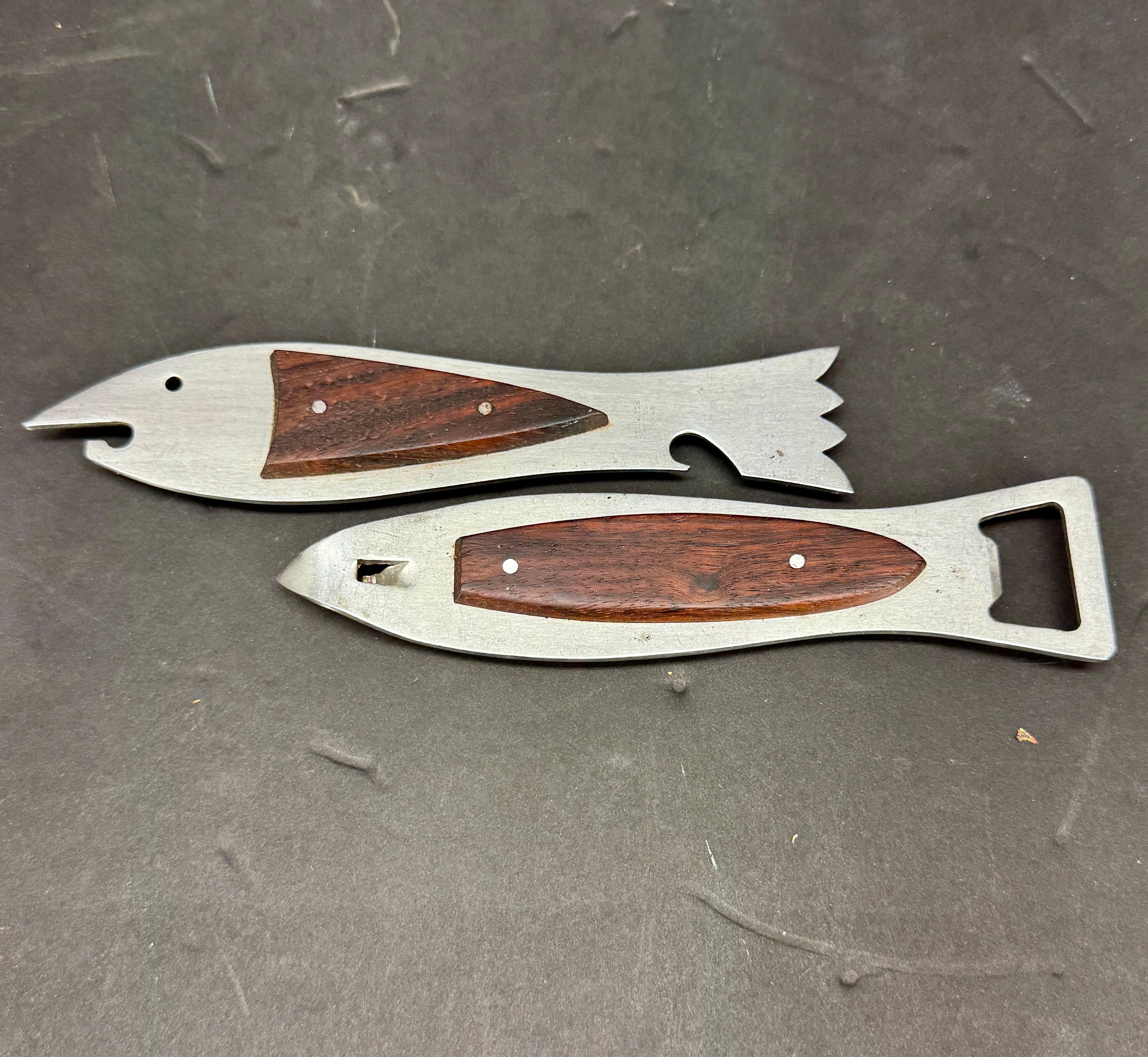 Two Vintage Mid-Century Shark Fish Stainless Barware Openers For Sale 6