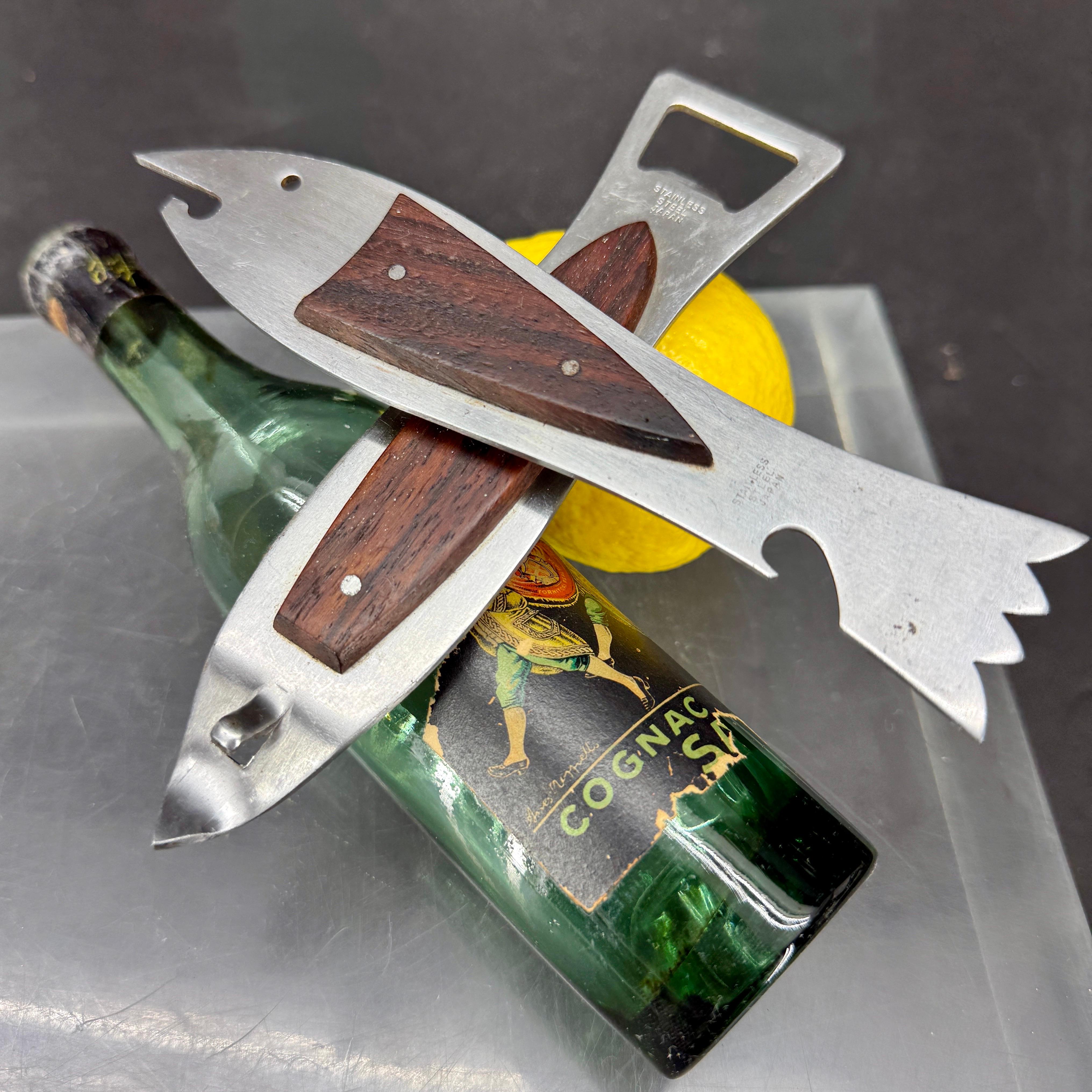 Mid-Century Modern Two Vintage Mid-Century Shark Fish Stainless Barware Openers For Sale