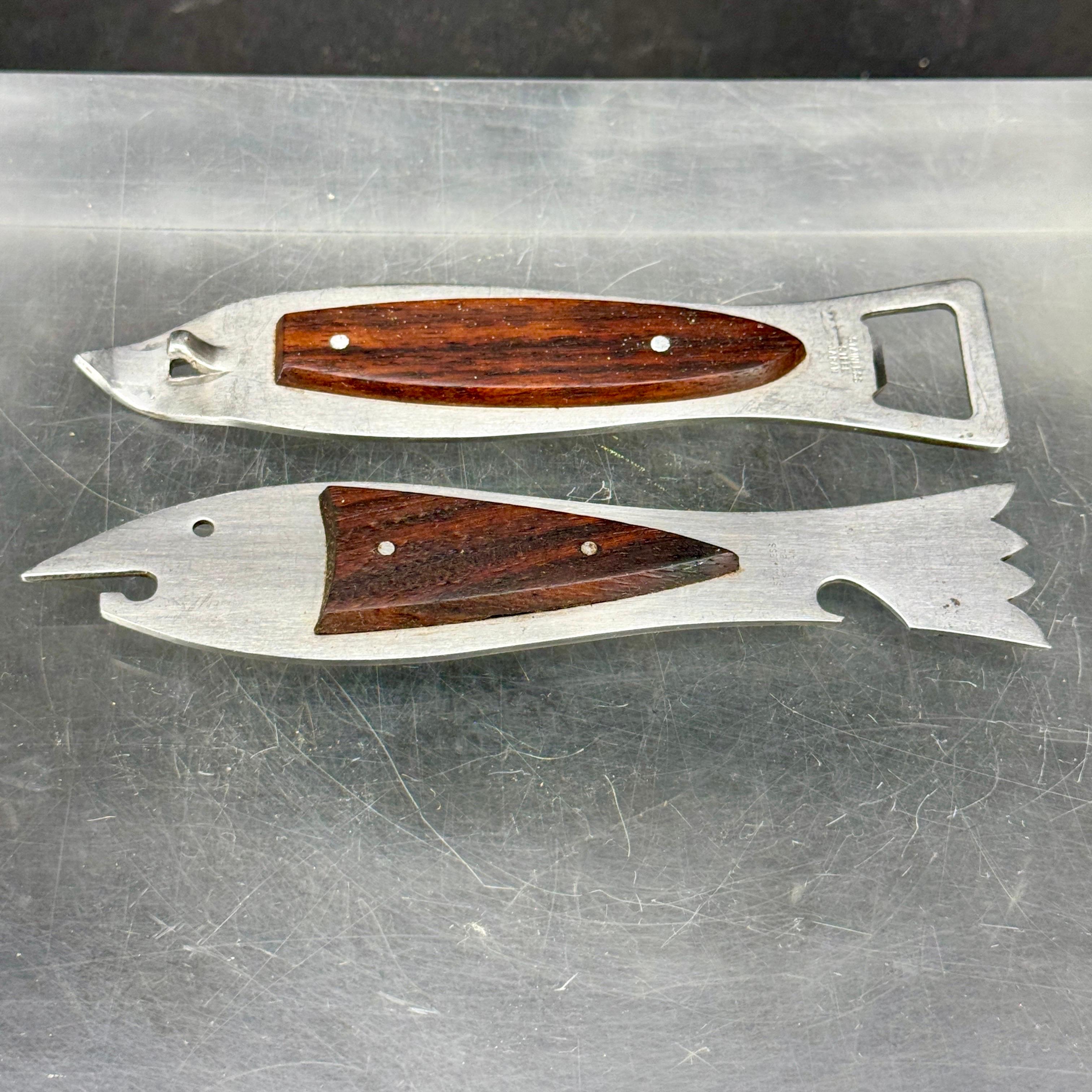 Stainless Steel Two Vintage Mid-Century Shark Fish Stainless Barware Openers For Sale