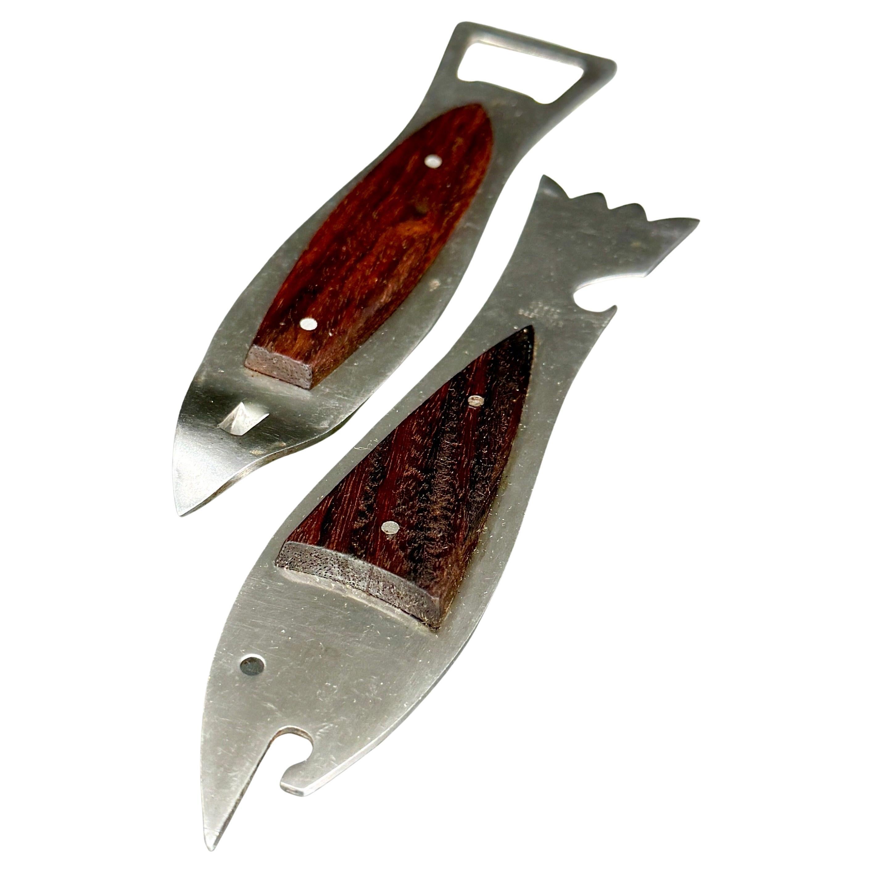 Two Vintage Mid-Century Shark Fish Stainless Barware Openers