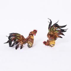 Two Vintage Painted Metal Roosters or Fighting Cocks