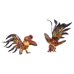 Two Vintage Painted Metal Roosters or Fighting Cocks