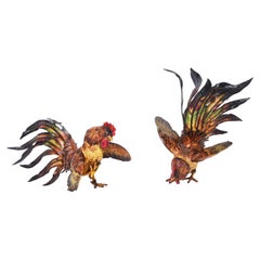 Deux coqs ou coqs de combat peints vintage