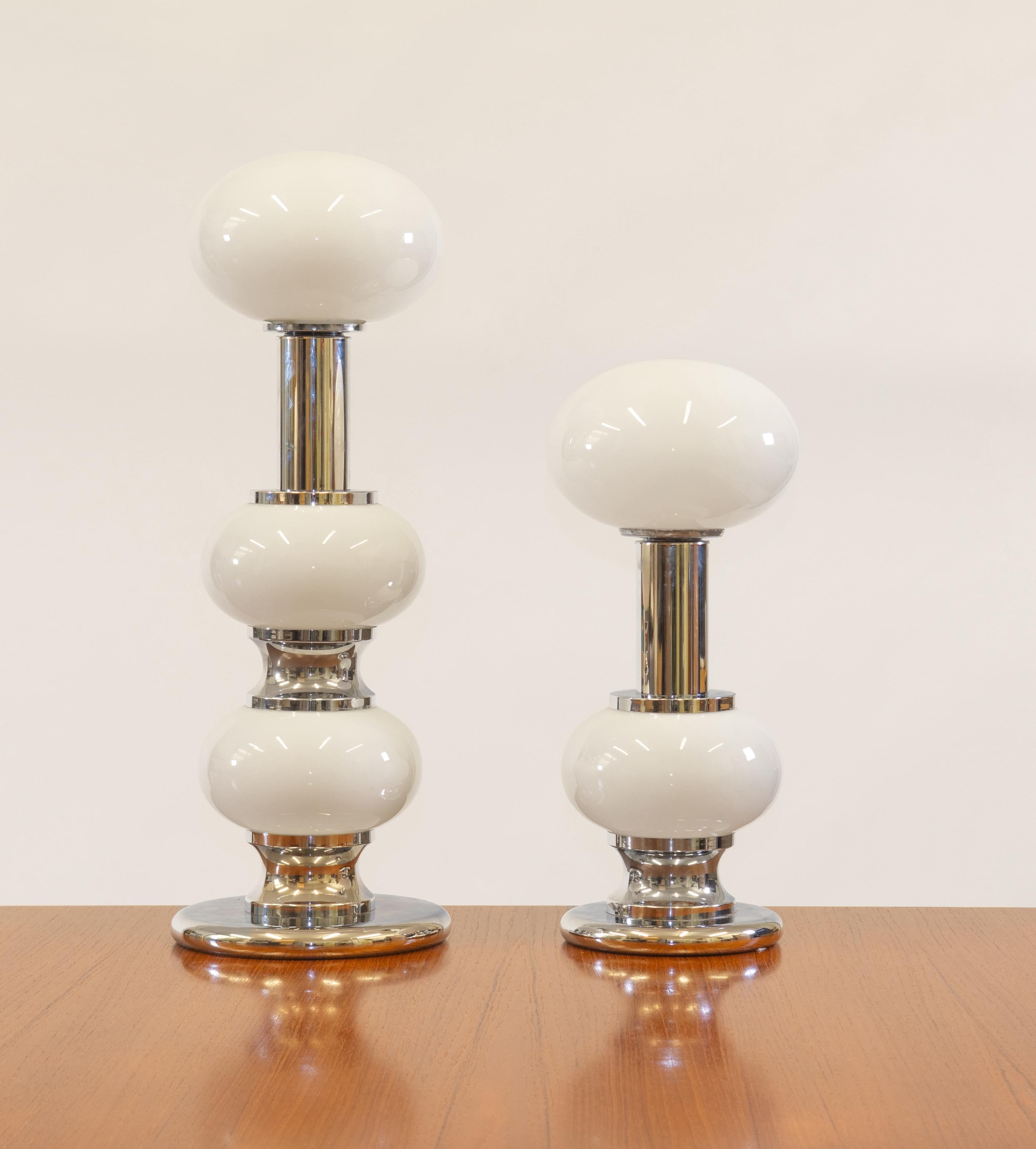 German Two Vintage Sölken Leuchten Chrome & Opaque White Glass Modernist Table Lamps For Sale