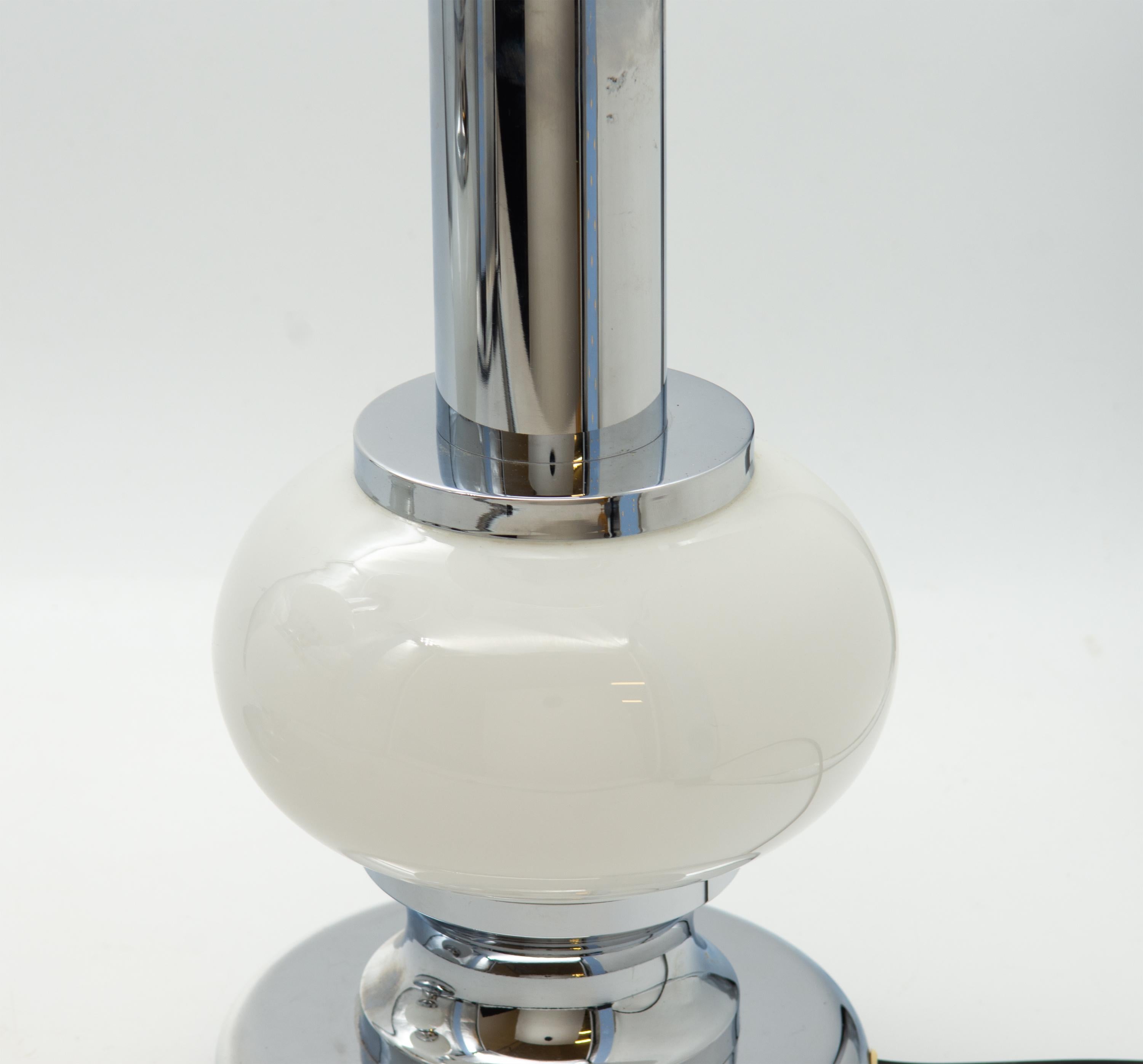 20th Century Two Vintage Sölken Leuchten Chrome & Opaque White Glass Modernist Table Lamps For Sale