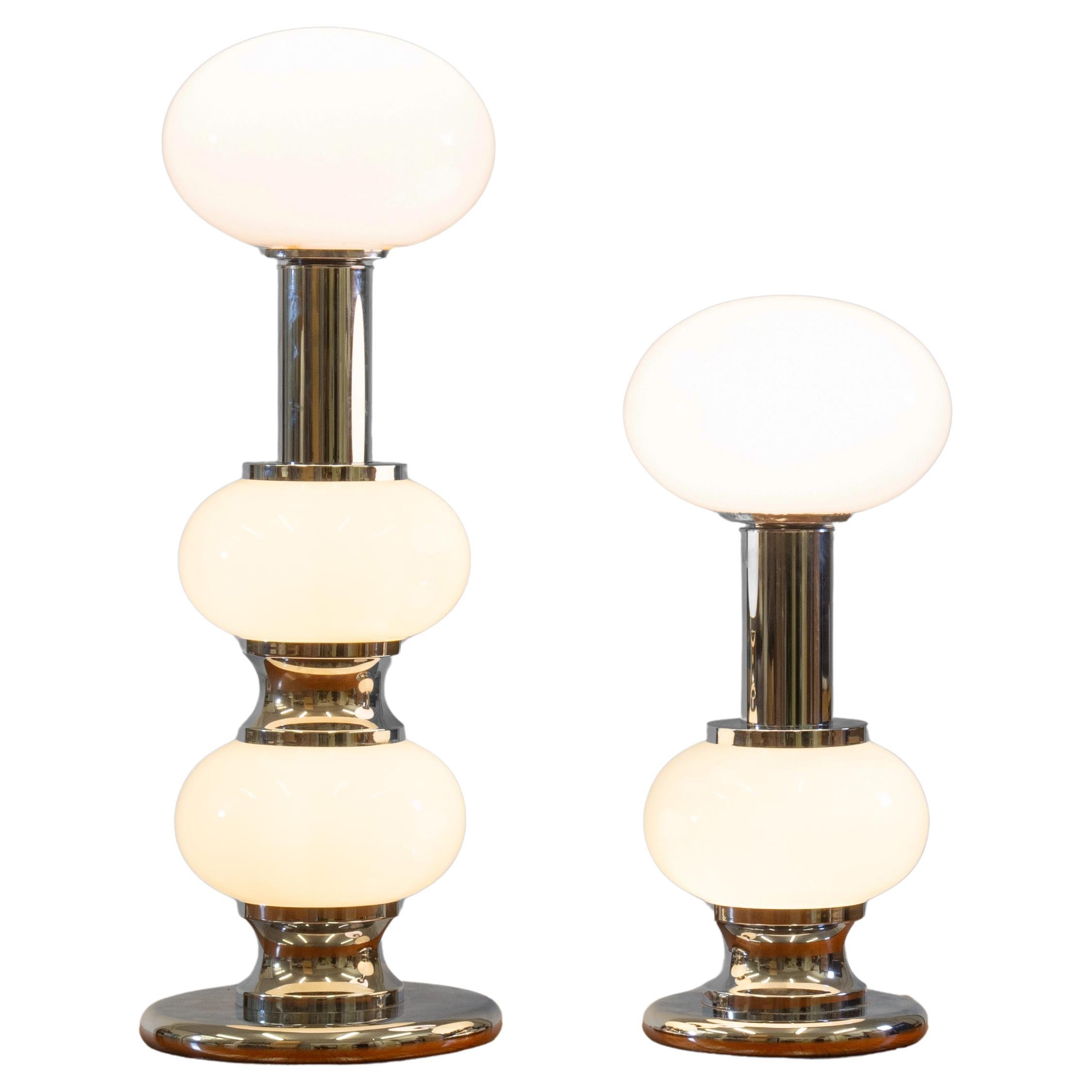 Two Vintage Sölken Leuchten Chrome & Opaque White Glass Modernist Table Lamps For Sale