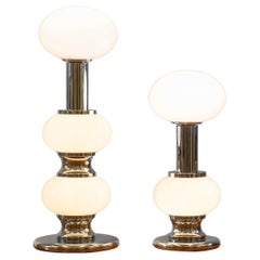 Two Retro Sölken Leuchten Chrome & Opaque White Glass Modernist Table Lamps