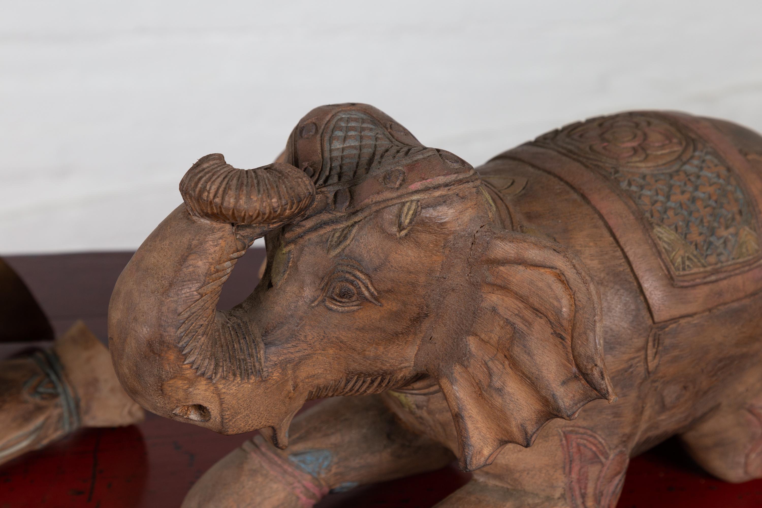 Two Vintage Thai Handmade Carved and Painted Elephant Sculptures from Chiang Mai For Sale 4
