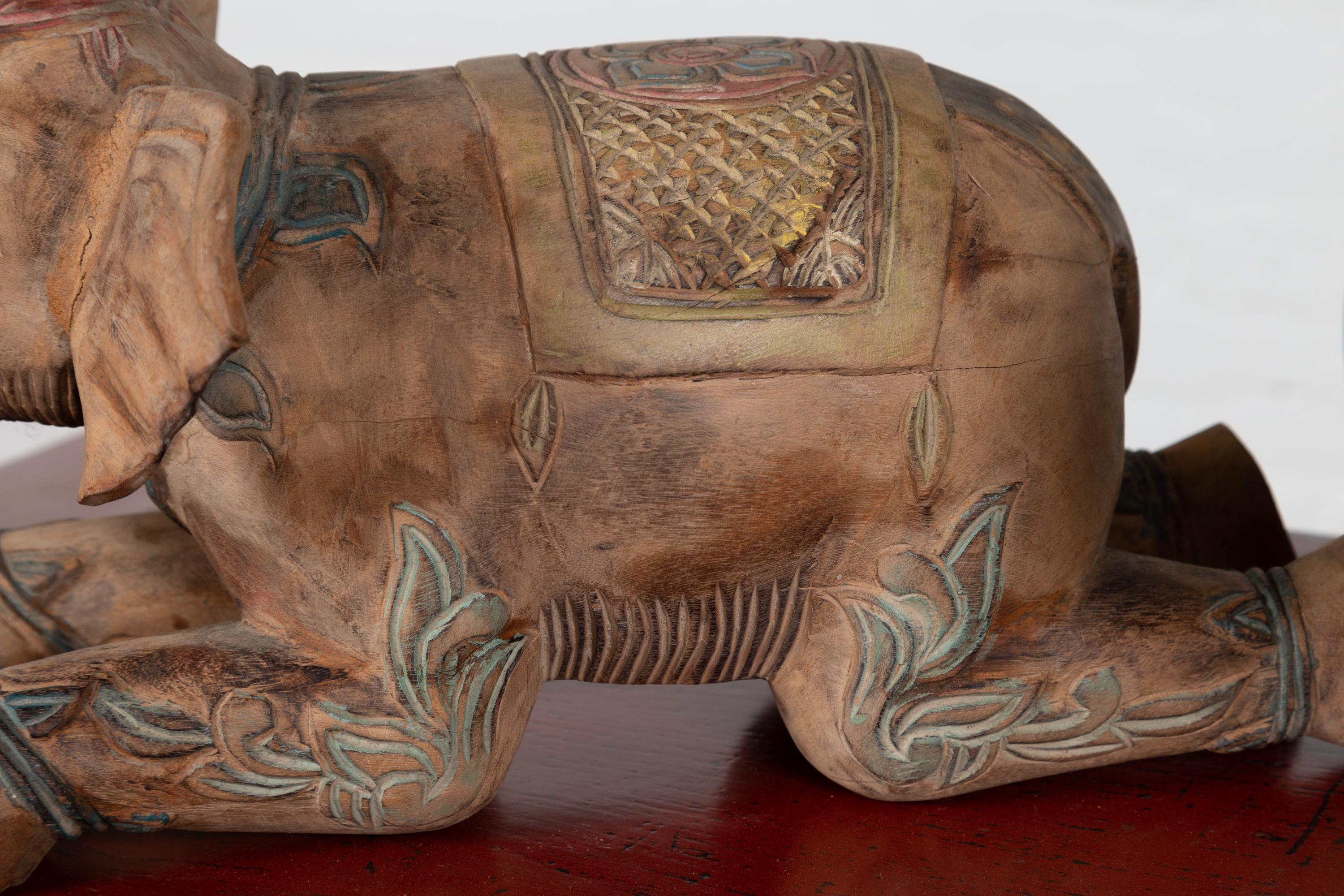 Two Vintage Thai Handmade Carved and Painted Elephant Sculptures from Chiang Mai For Sale 7