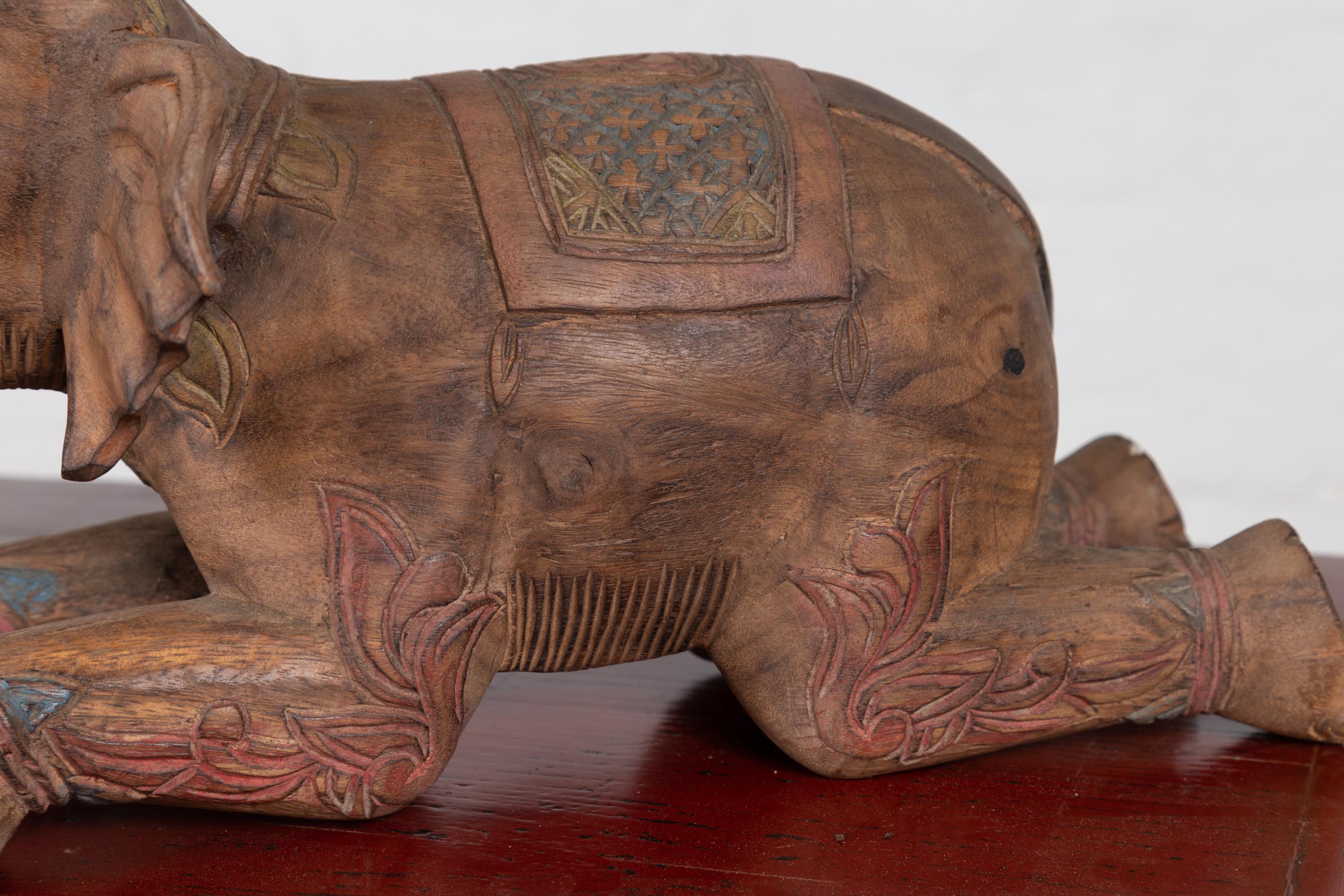 Two Vintage Thai Handmade Carved and Painted Elephant Sculptures from Chiang Mai For Sale 8