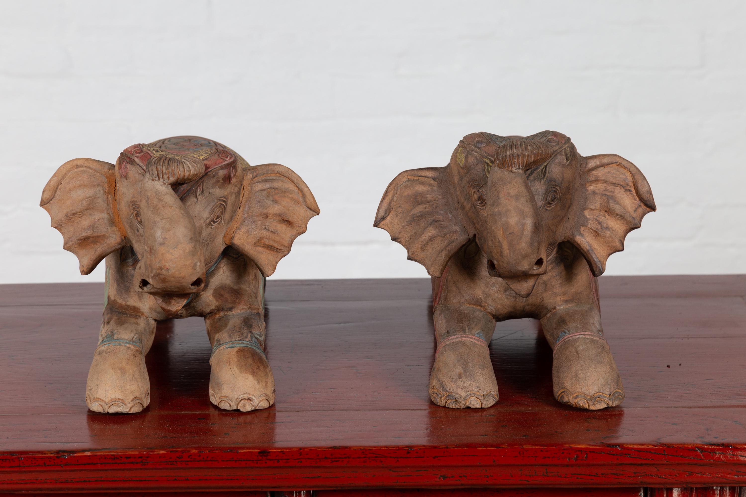 Two Vintage Thai Handmade Carved and Painted Elephant Sculptures from Chiang Mai For Sale 9
