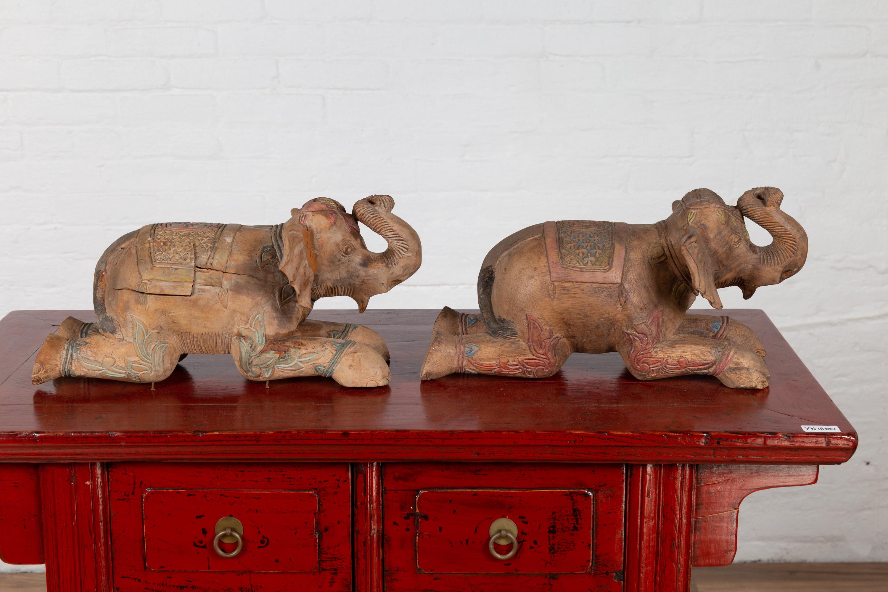 Two Vintage Thai Handmade Carved and Painted Elephant Sculptures from Chiang Mai For Sale 10