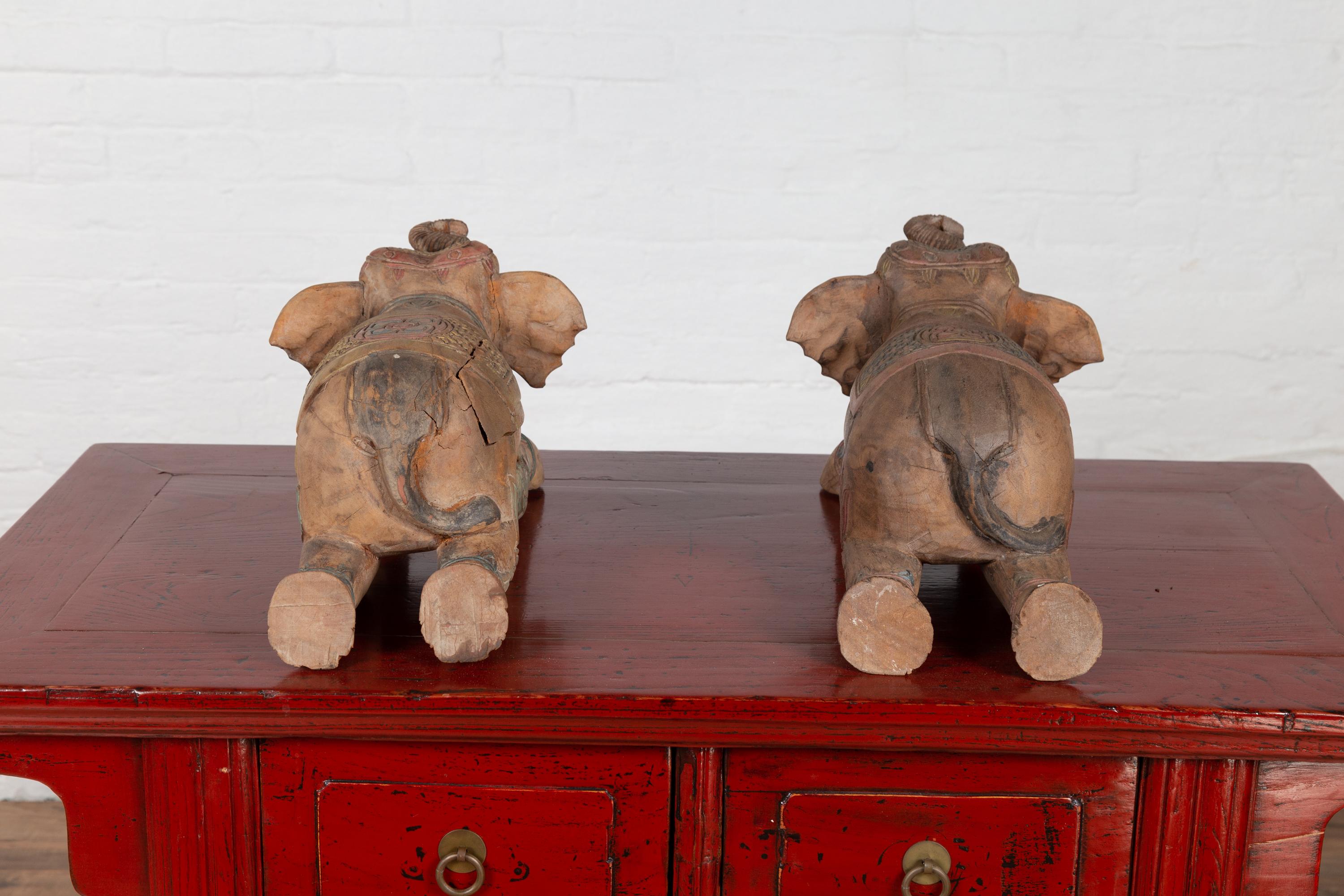 Two Vintage Thai Handmade Carved and Painted Elephant Sculptures from Chiang Mai For Sale 11