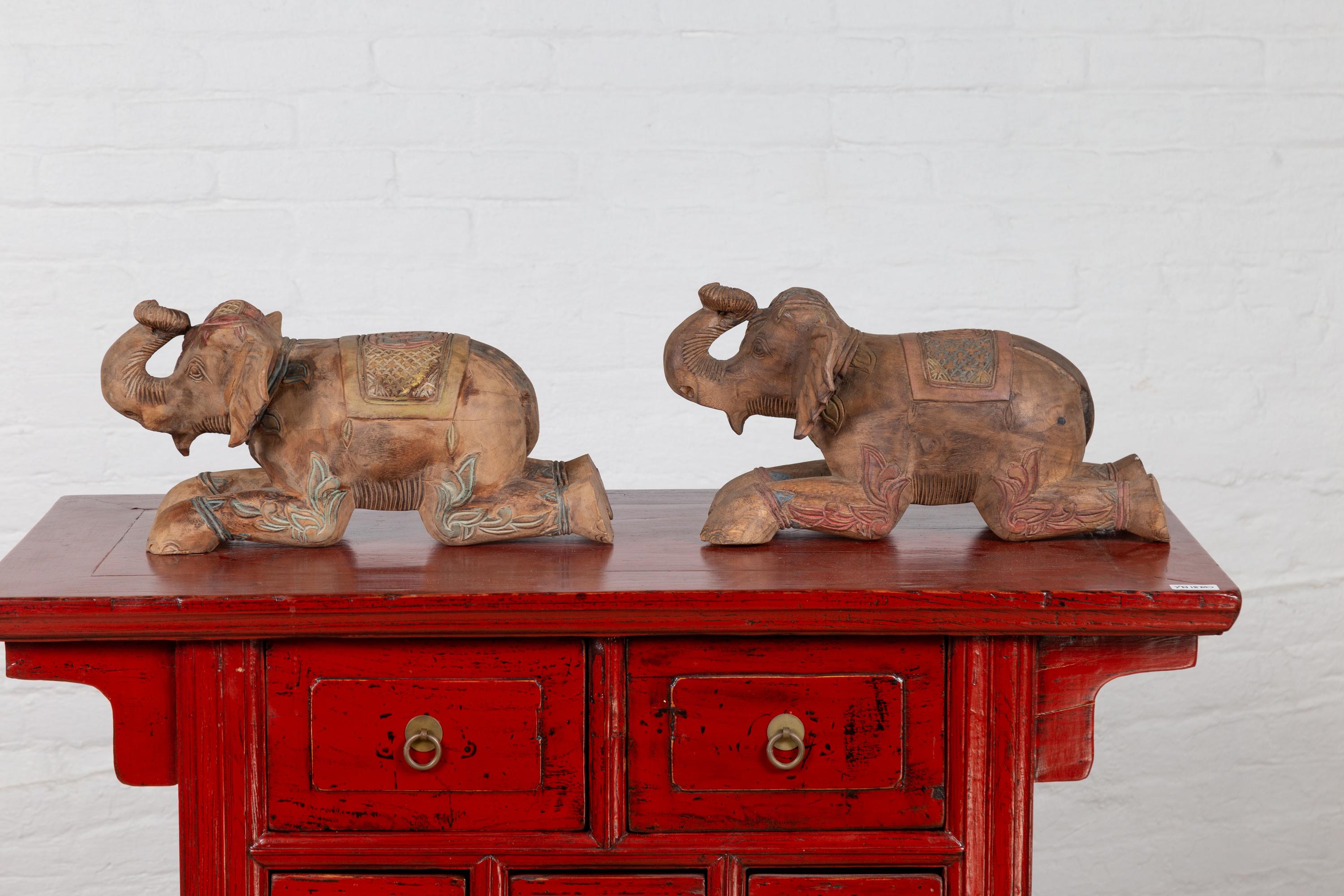 Hand-Carved Two Vintage Thai Handmade Carved and Painted Elephant Sculptures from Chiang Mai For Sale