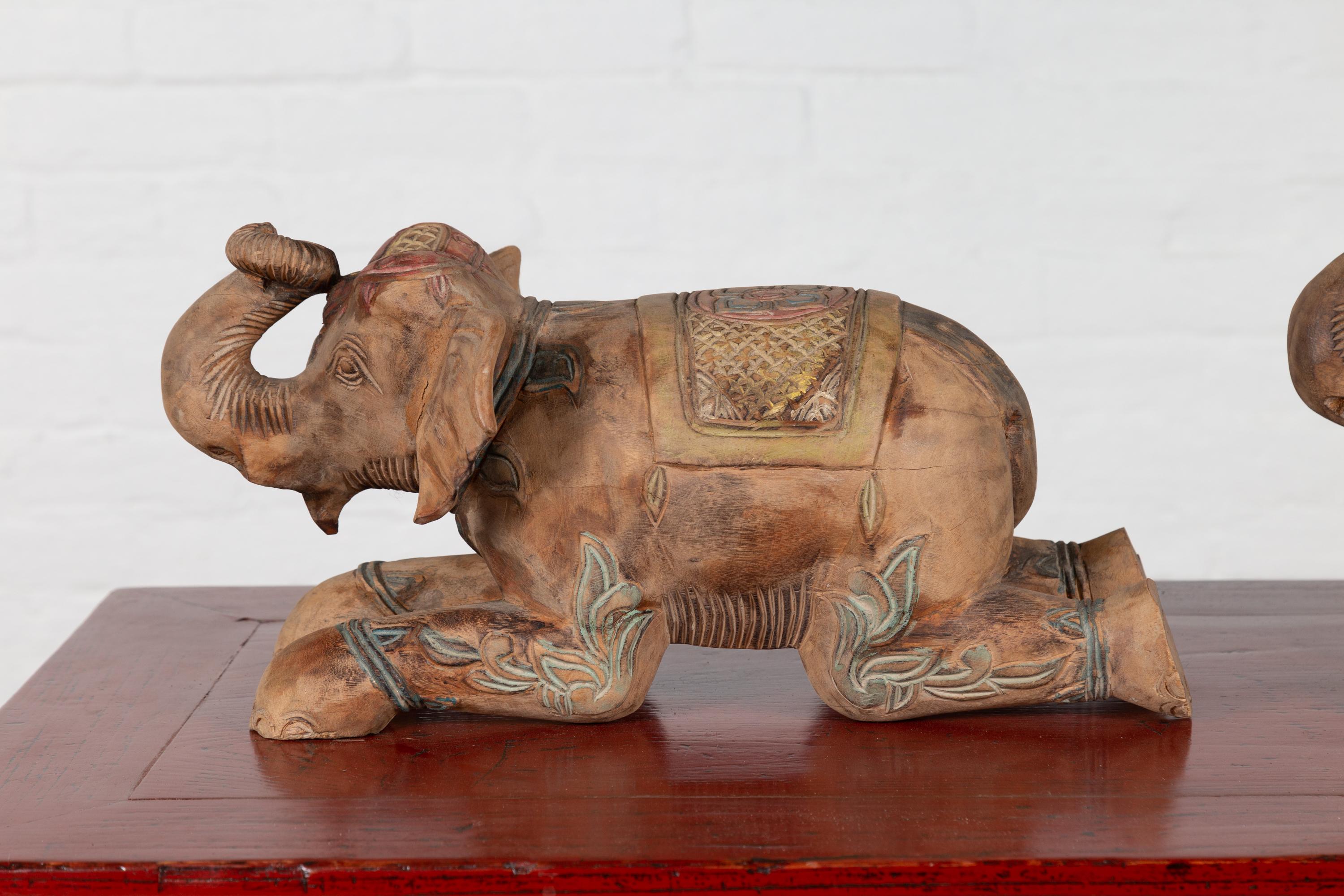 Two Vintage Thai Handmade Carved and Painted Elephant Sculptures from Chiang Mai In Good Condition For Sale In Yonkers, NY