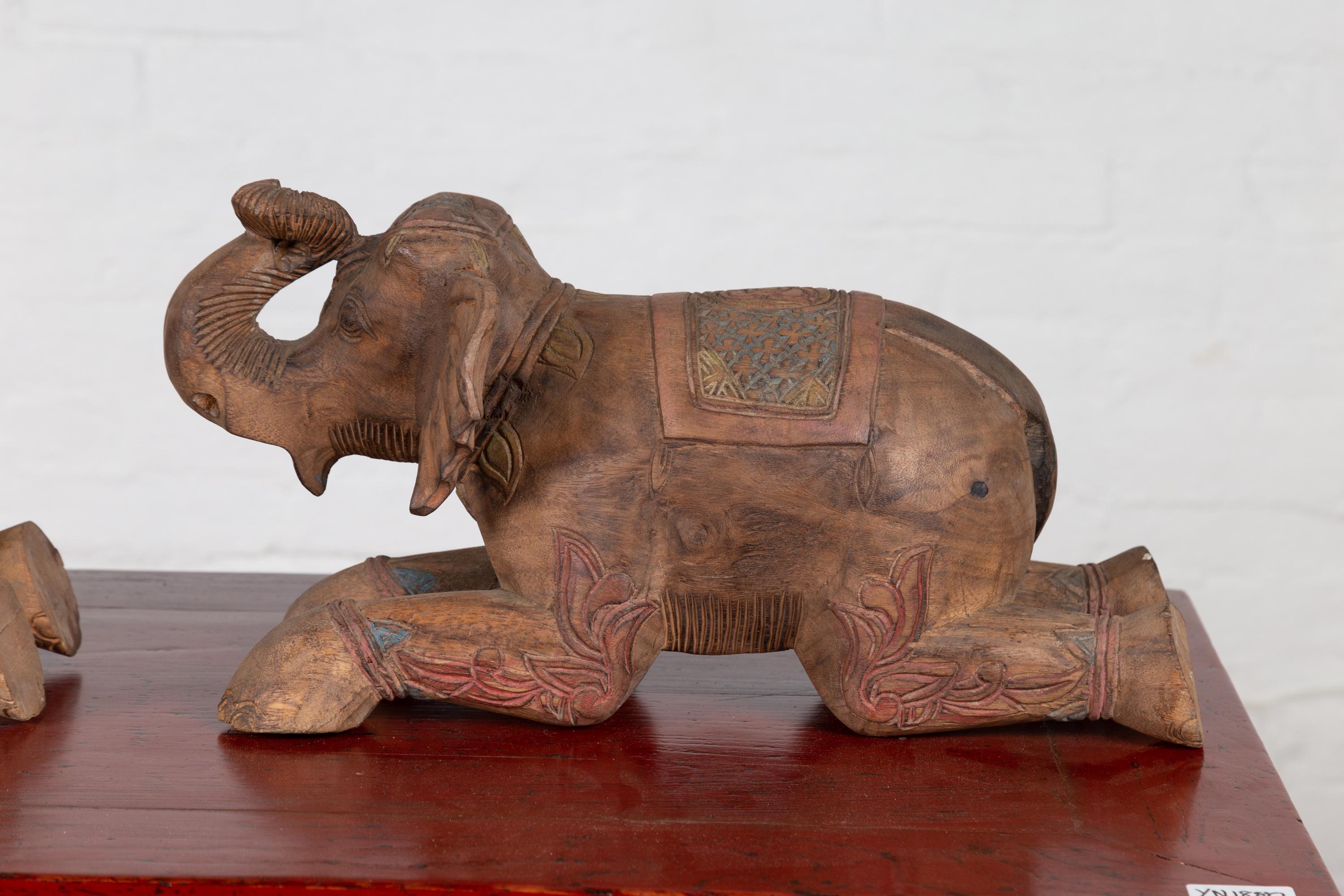 20th Century Two Vintage Thai Handmade Carved and Painted Elephant Sculptures from Chiang Mai For Sale