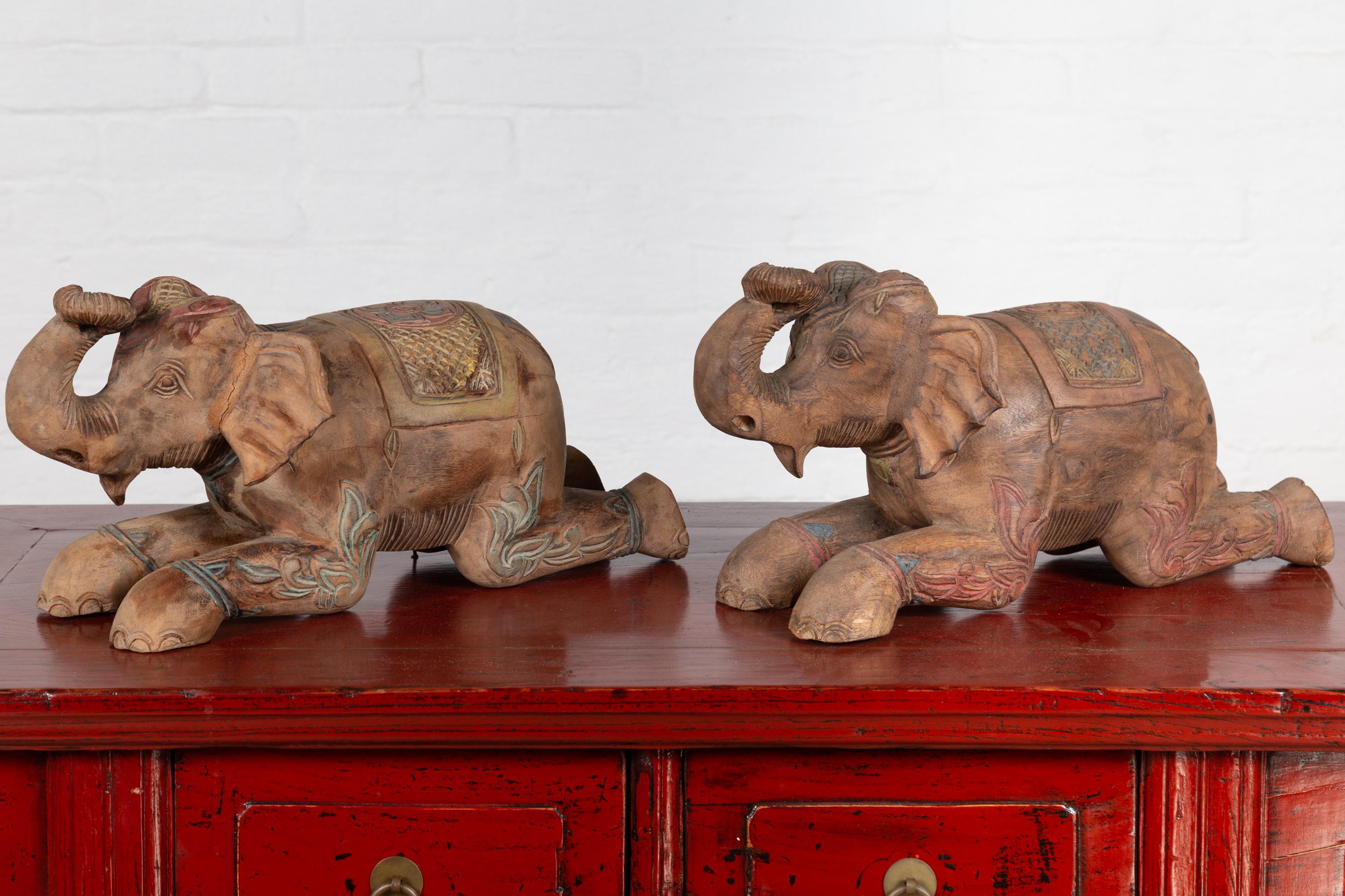 Wood Two Vintage Thai Handmade Carved and Painted Elephant Sculptures from Chiang Mai For Sale