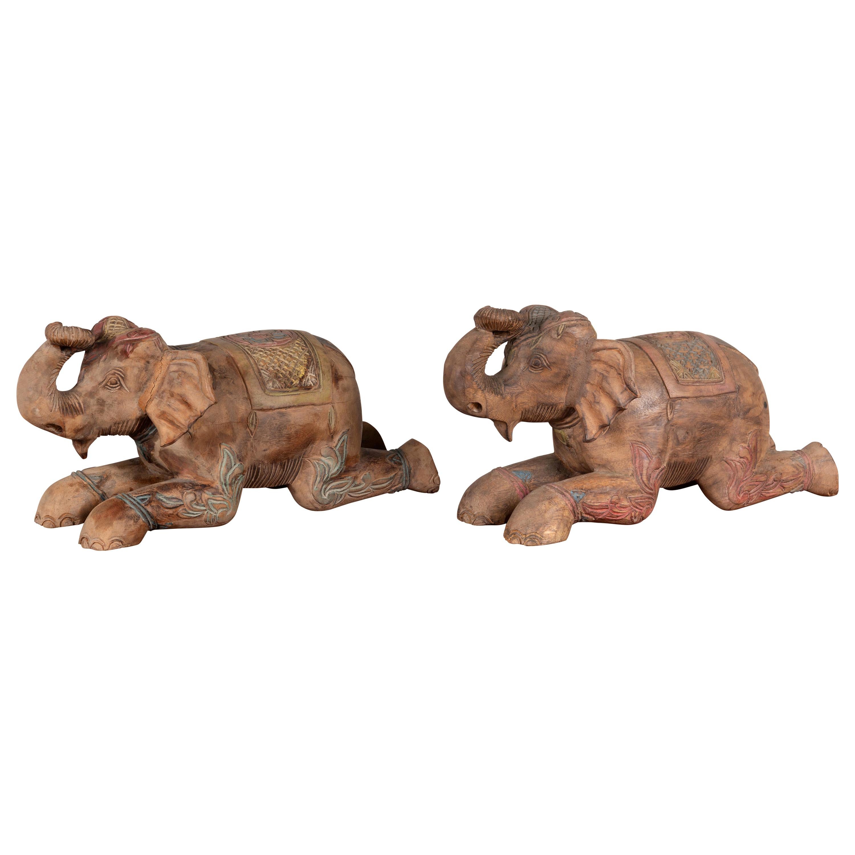 Two Vintage Thai Handmade Carved and Painted Elephant Sculptures from Chiang Mai For Sale