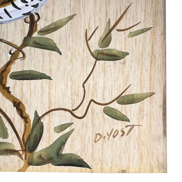 Chinoiserie Two Vintage Watercolor Faux Bamboo Bird Paintings House of Baldwin - A Pair For Sale