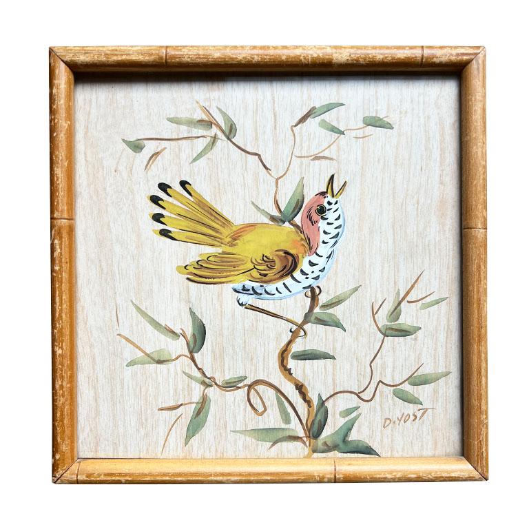 American Two Vintage Watercolor Faux Bamboo Bird Paintings House of Baldwin - A Pair For Sale