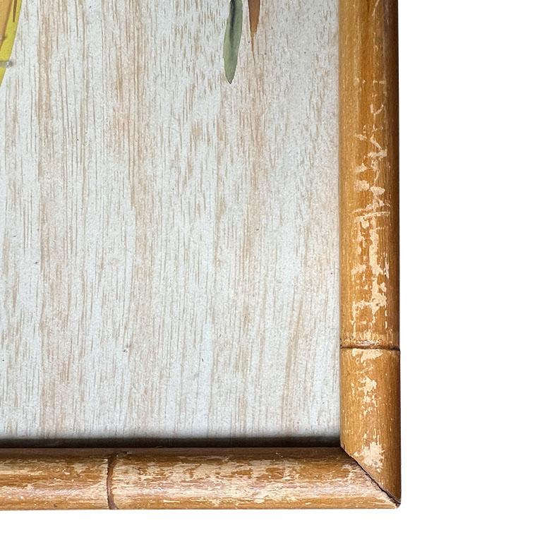 Glass Two Vintage Watercolor Faux Bamboo Bird Paintings House of Baldwin - A Pair For Sale