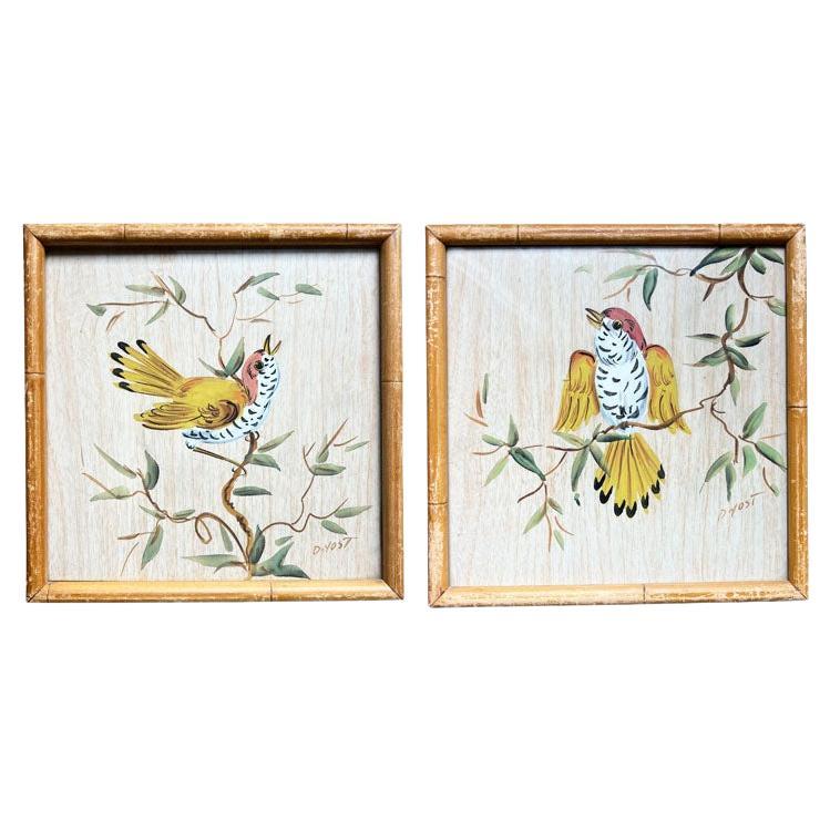 Two Vintage Watercolor Faux Bamboo Bird Paintings House of Baldwin - A Pair