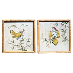 Zwei Vintage-Aquarell-Vogelgemälde aus Kunstbambus im Vintage-Stil, Haus Baldwin, Paar