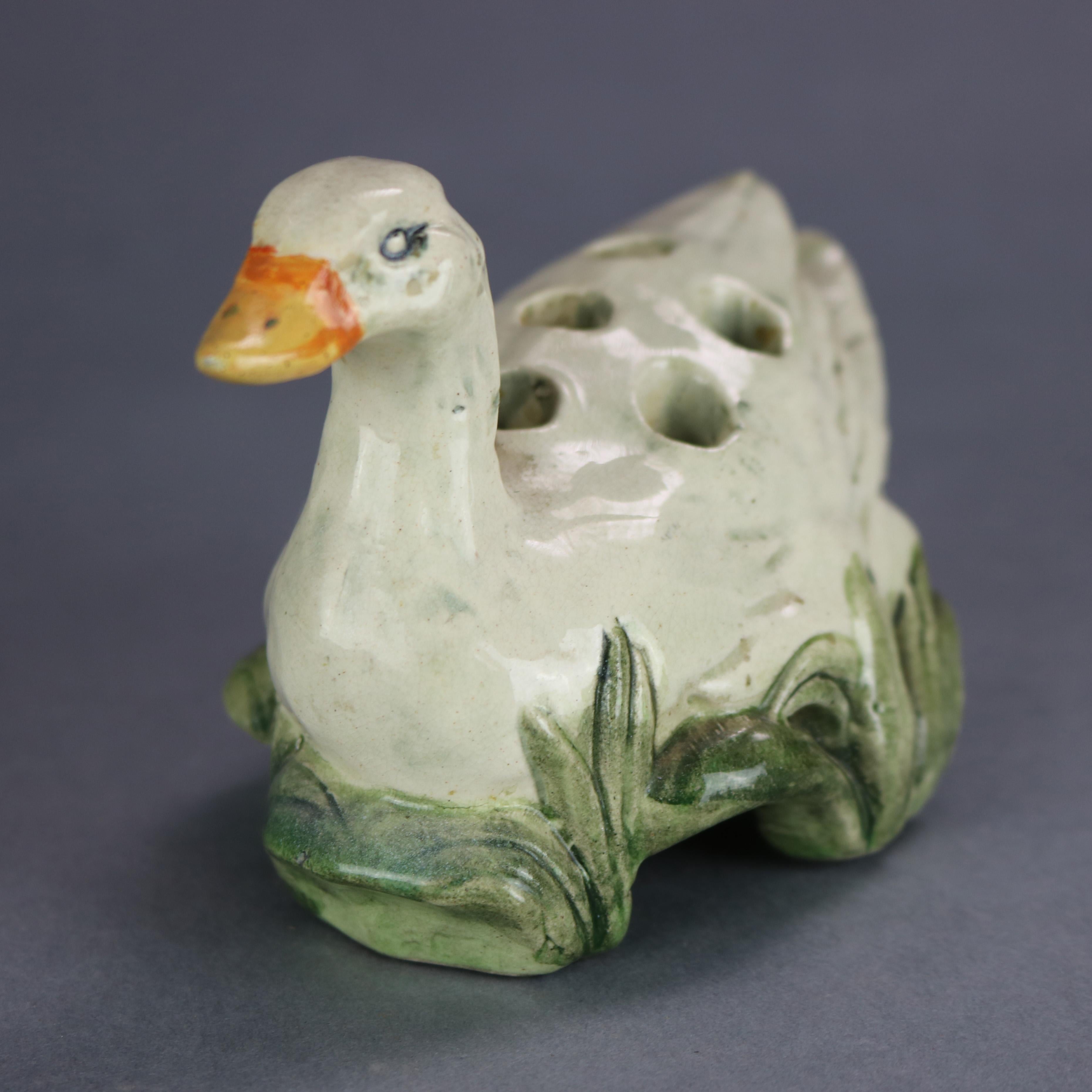 Two vintage Weller Brighton art pottery figural flower frogs, swan and duck, signed on bases as photographed, c1930

Measures: Swan: 4