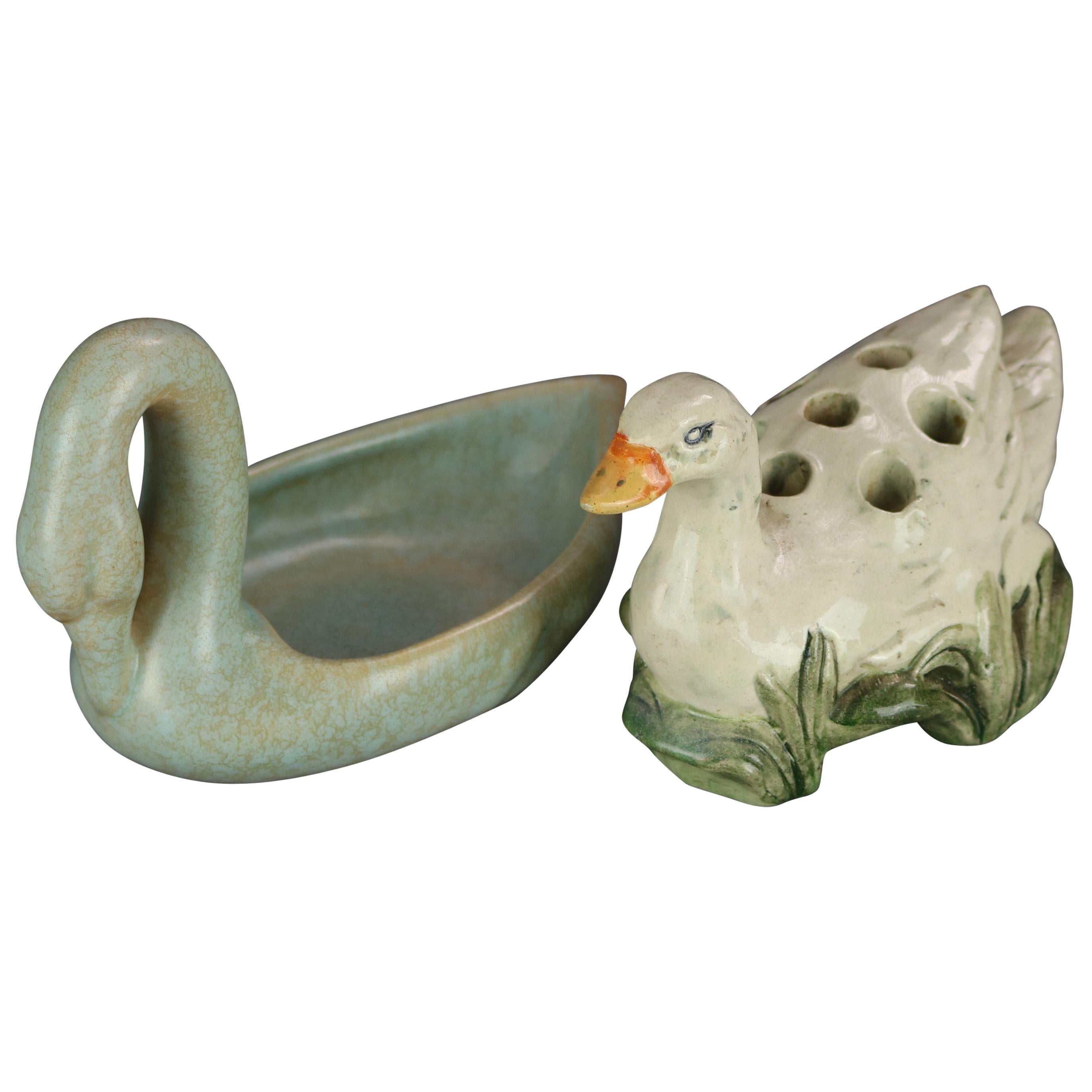 Two Vintage Weller Brighton Art Pottery Figural Flower Frogs, Swan & Duck, 1930