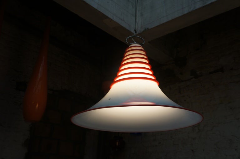 20th Century Two Vistosi Murano Glass Pendant Light in White and Red