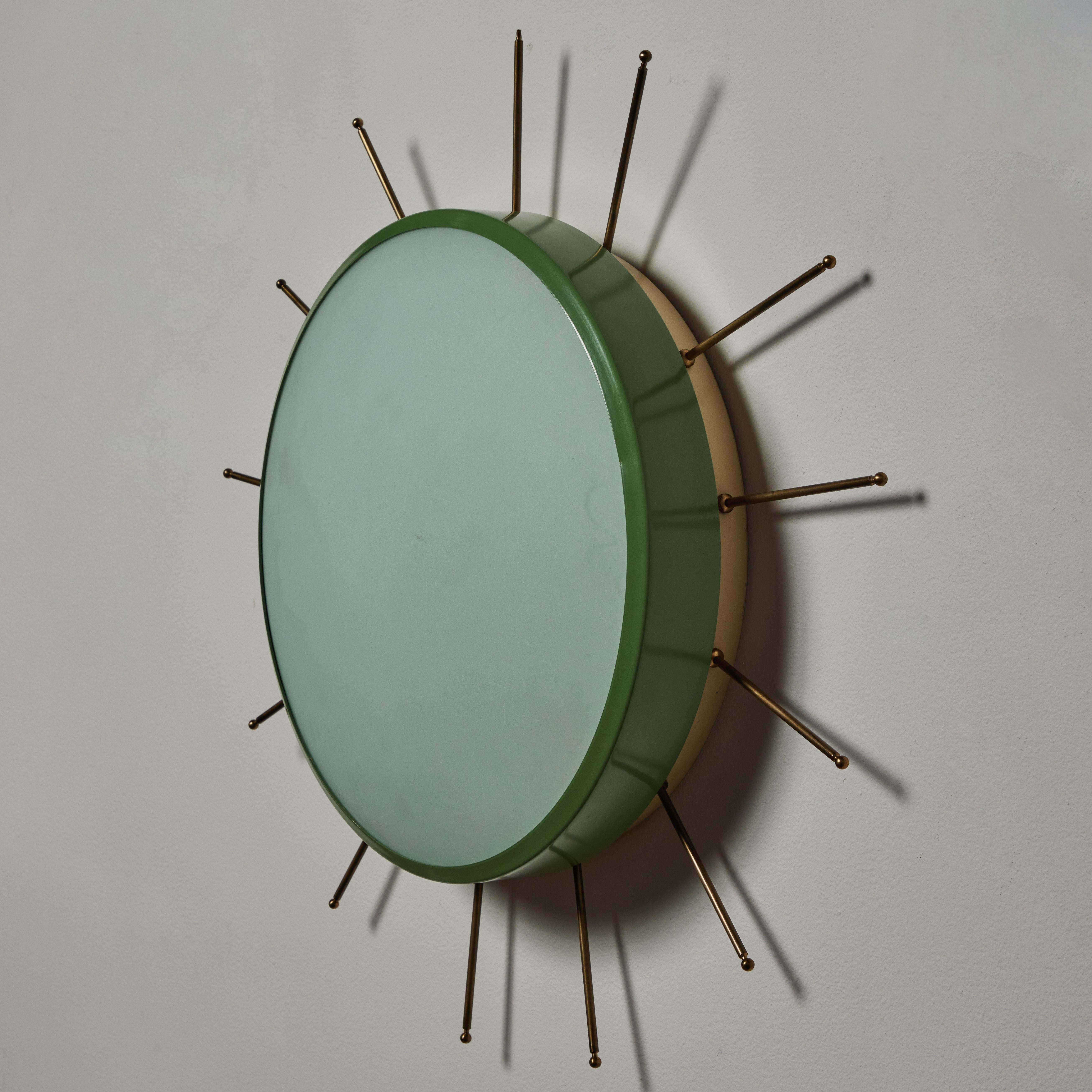 Single green flush mount wall/ ceiling light by G.C.M.E. Designed and manufactured in Italy, circa 1960's Lacquered metal structure, glass diffusers and brass details. Rewired for U.S. standards. Takes Two E27 60w maximum bulbs. Bulbs not included.
