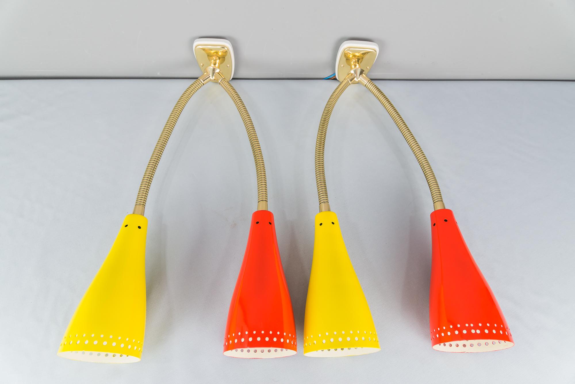 Two wall lamps by J.T. Kalmar, circa 1950s.
Original condition only the shade are painted new.
On-off switch on the shades.
Wide is from 20-90 cm.
we only have exactly the same ones with an on and off switch on the shades.